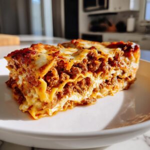 A close-up shot of a hearty slice of lasagna with cottage cheese, featuring layers of pasta, rich meat sauce, and melted cheese.