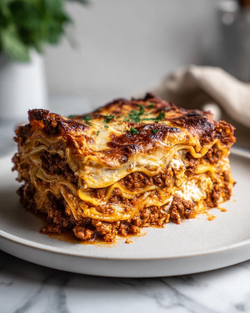 A generous slice of Lasagna with Cottage Cheese, showcasing layers of pasta, rich meat sauce, and creamy cheese.