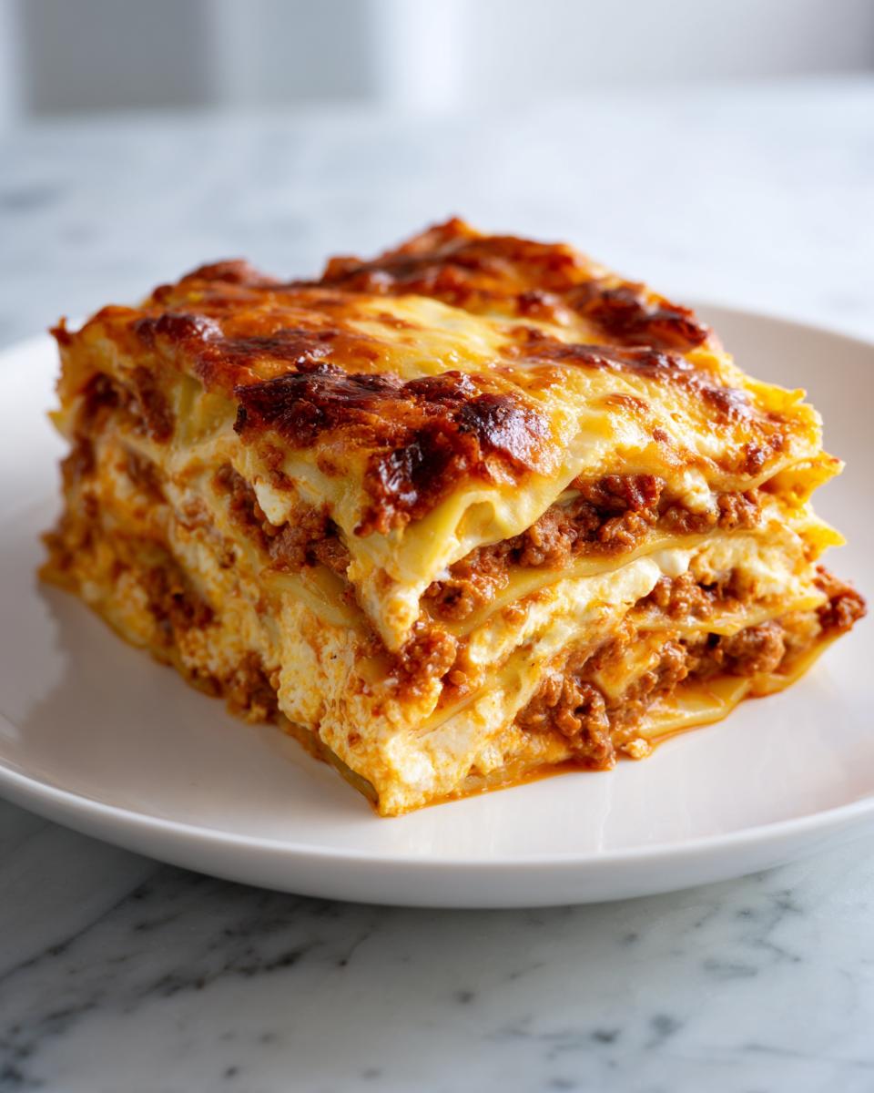 A generous slice of Lasagna with Cottage Cheese, featuring layers of pasta, meat sauce, and creamy cheese filling.