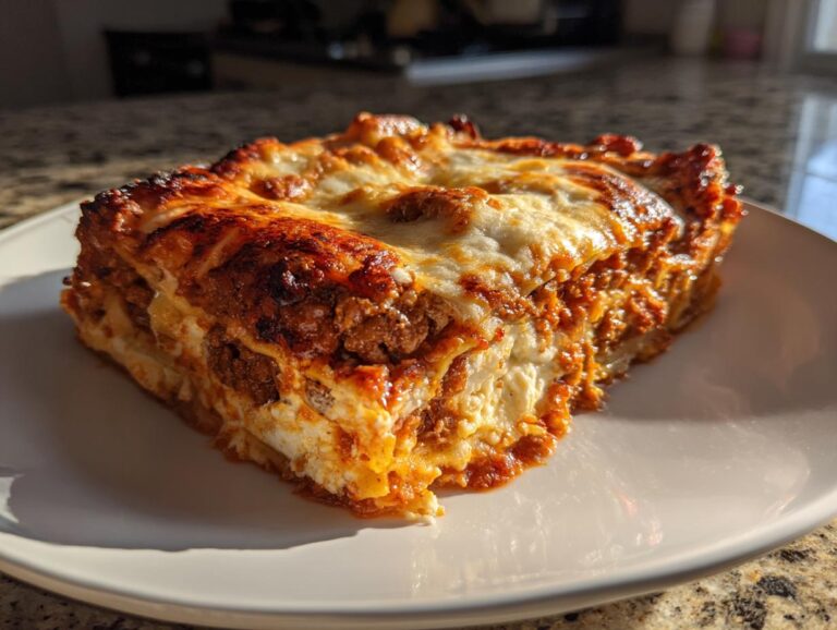 A hearty slice of Lasagna with Cottage Cheese, featuring layers of pasta, meat sauce, and melted cheese.