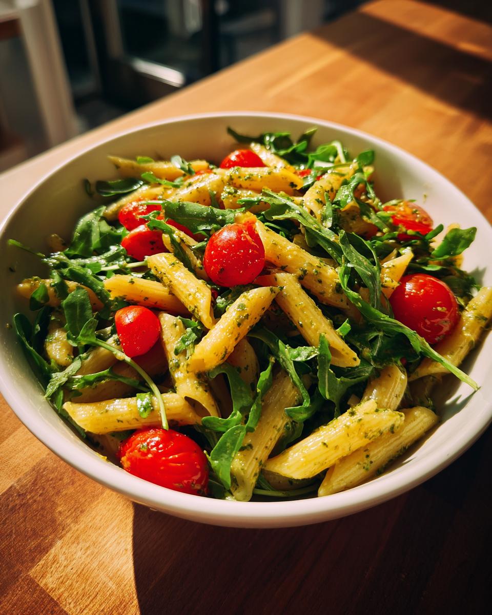 A close-up of a bowl filled with lemon arugula pasta salad, featuring penne pasta, cherry tomatoes, and fresh arugula.