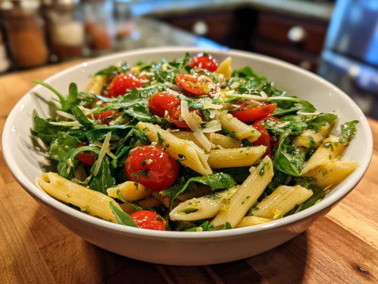 A white bowl filled with bright Lemon Arugula Pasta Salad, featuring penne pasta, cherry tomatoes, and arugula.