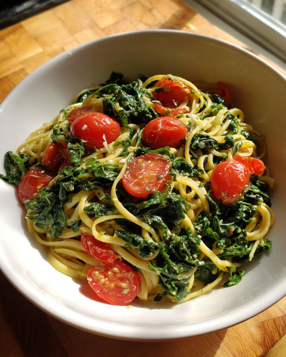 A bowl of lemon arugula pasta salad with cherry tomatoes and wilted greens.