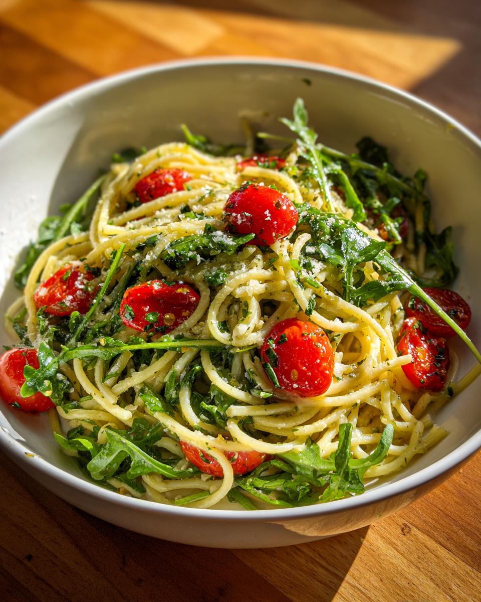 A close-up of a bowl filled with Lemon Arugula Pasta Salad, featuring spaghetti, cherry tomatoes, and fresh arugula.