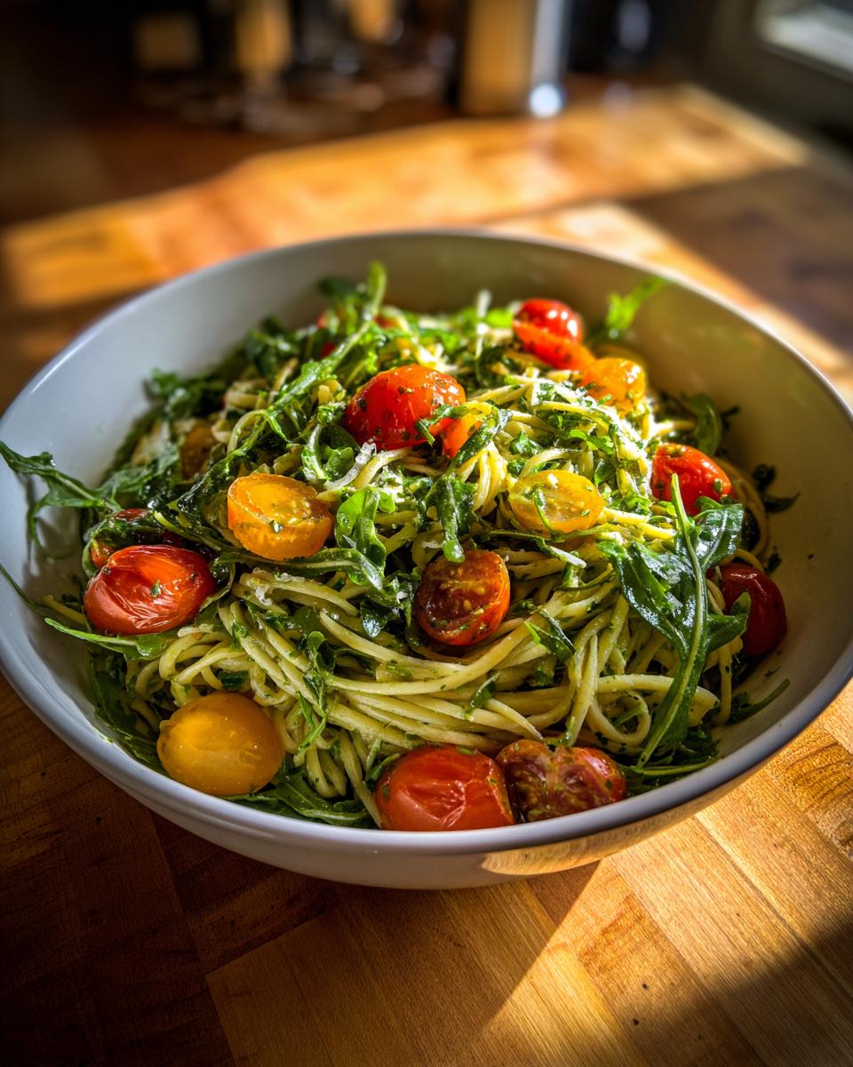 A bowl of bright lemon arugula pasta salad topped with halved cherry tomatoes and grated parmesan cheese.