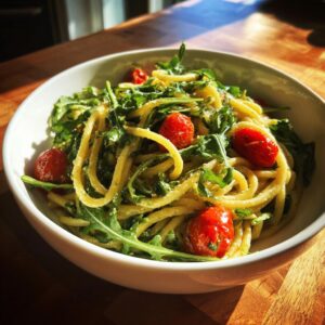 A bowl of lemon arugula pasta salad with cherry tomatoes and a creamy sauce.