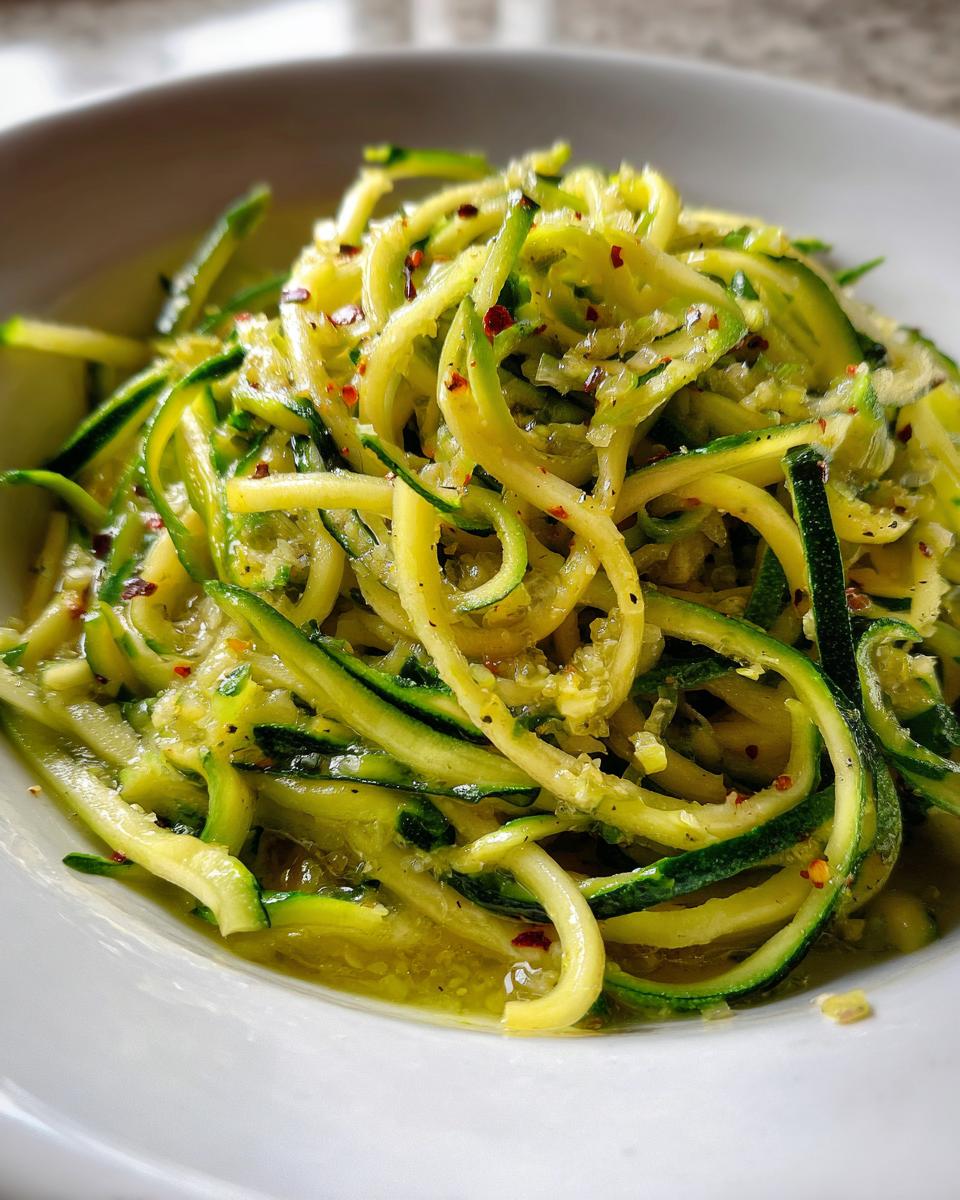 Close-up of a white bowl filled with fresh lemon garlic zucchini noodles, sprinkled with red pepper flakes.
