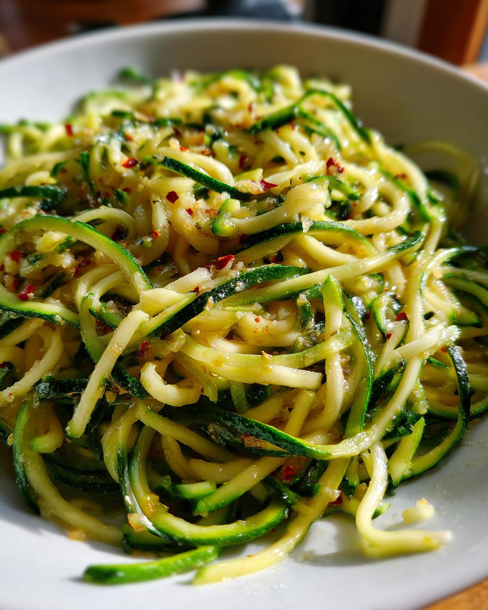 Close-up of a bowl of Lemon Garlic Zucchini Noodles with red pepper flakes.