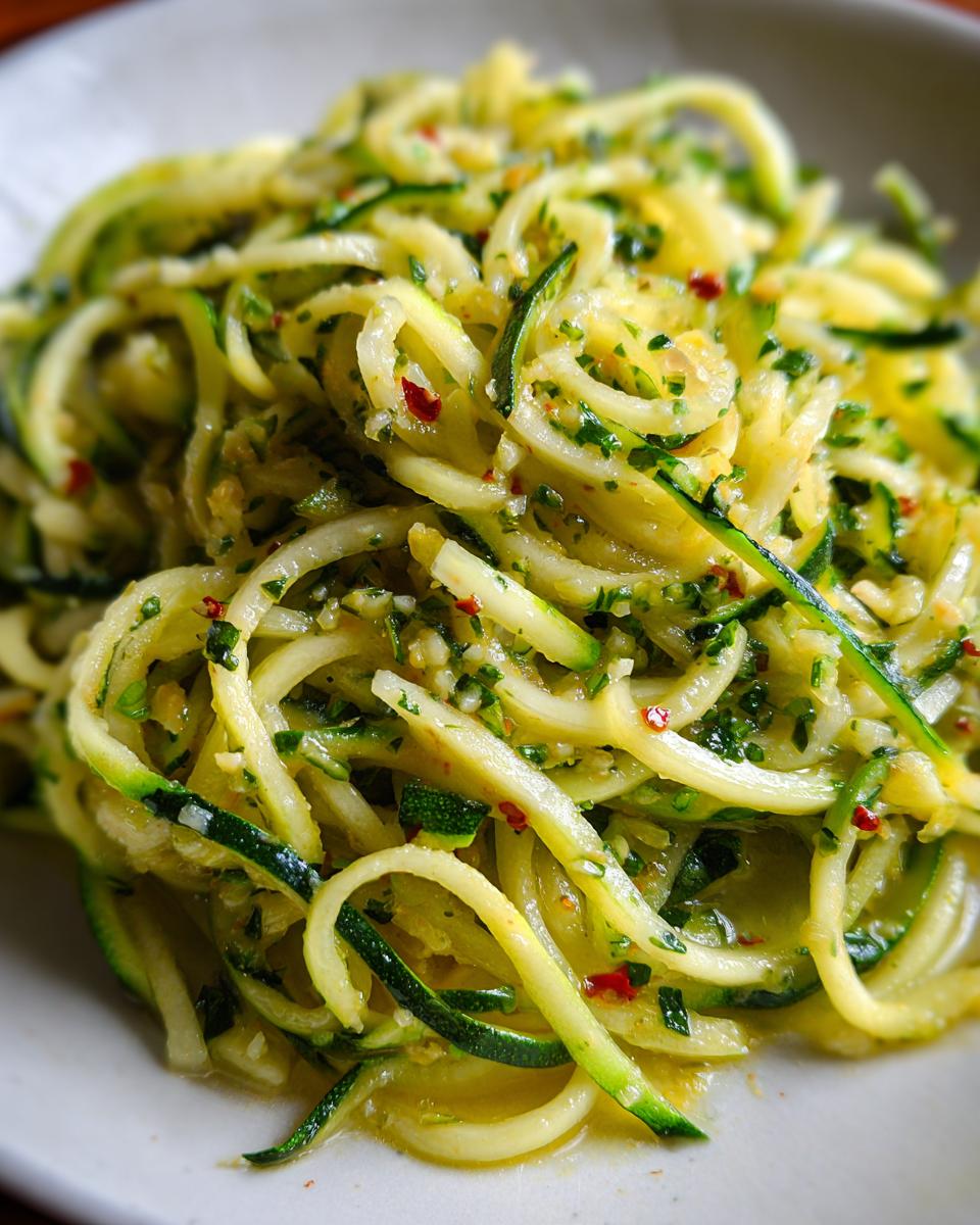 A close-up of a plate of lemon garlic zucchini noodles, tossed with herbs and red pepper flakes.