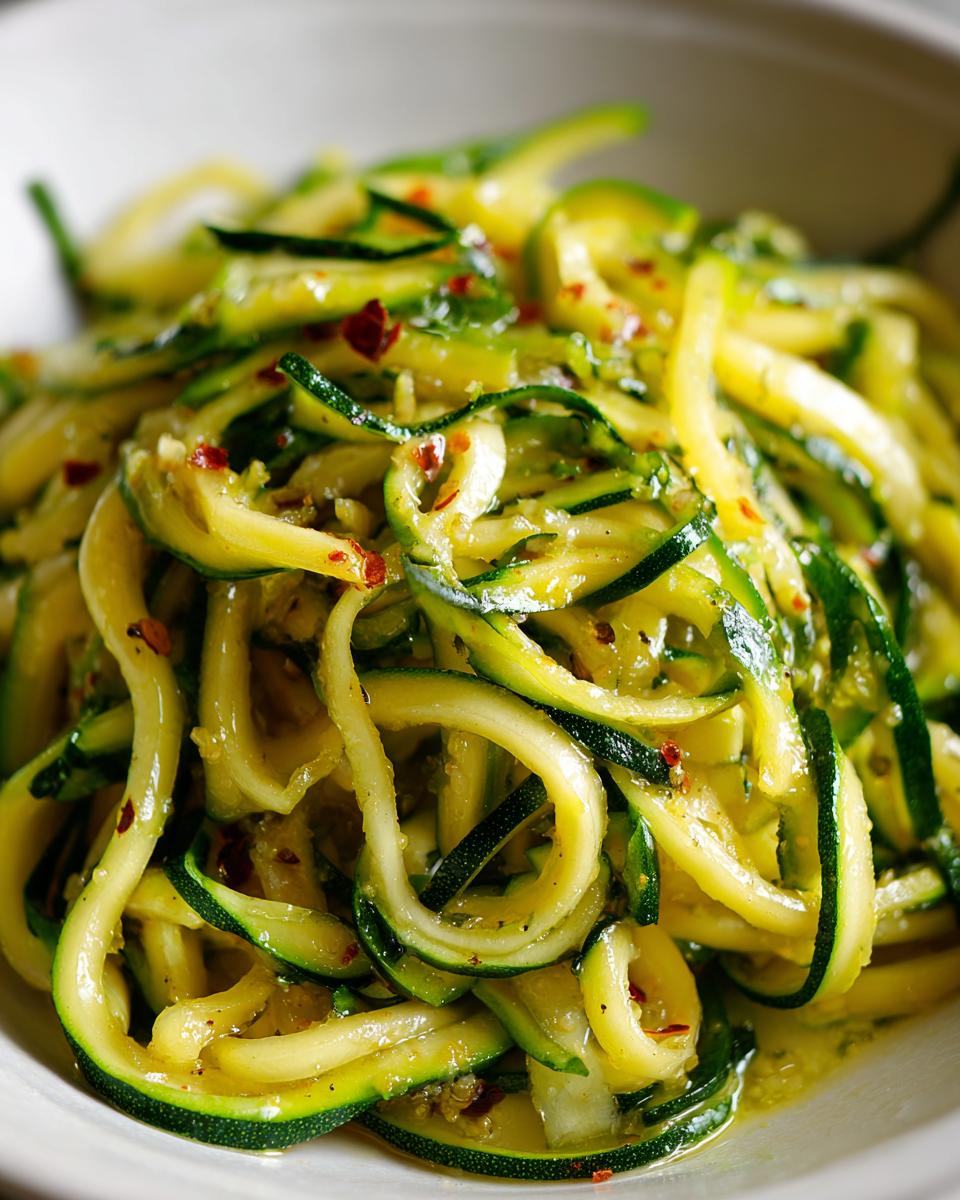 A close-up view of vibrant lemon garlic zucchini noodles, glistening with sauce and sprinkled with red pepper flakes.