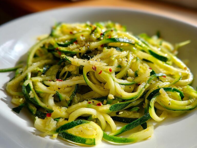 A close-up of a white plate filled with lemon garlic zucchini noodles, seasoned with red pepper flakes and herbs.