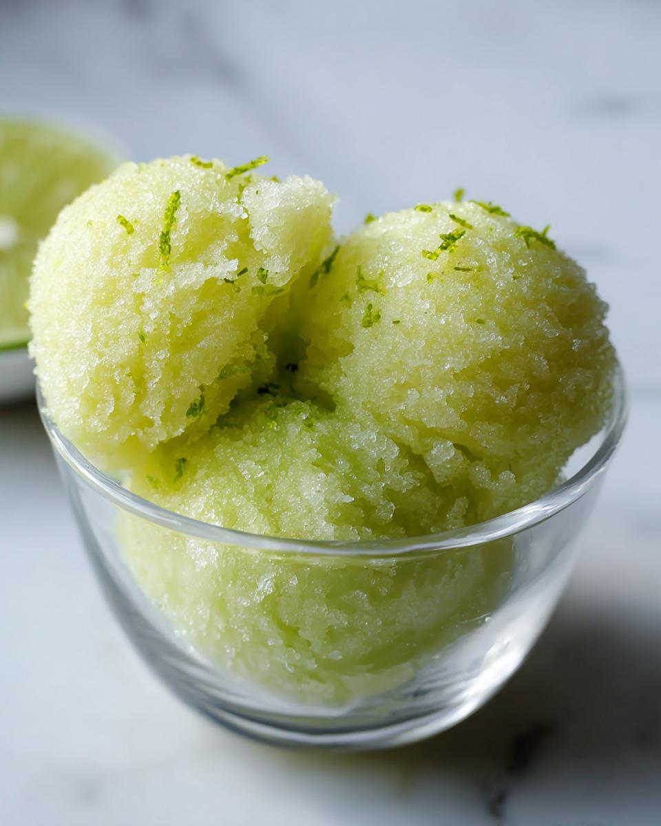 Close-up of three scoops of vibrant green lime sorbet in a glass bowl, garnished with lime zest.