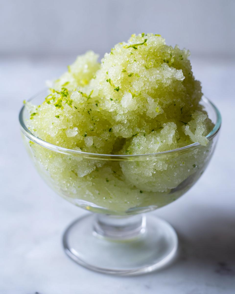 A close-up of a glass bowl filled with fluffy, icy lime sorbet, garnished with fresh lime zest.