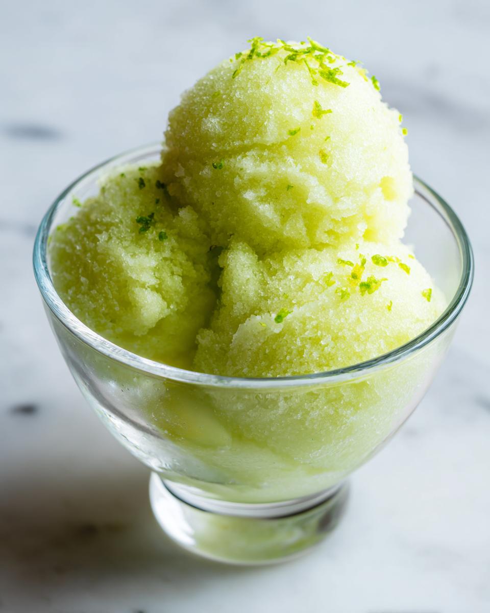 Close-up of three scoops of bright green lime sorbet in a glass bowl, garnished with fresh lime zest.