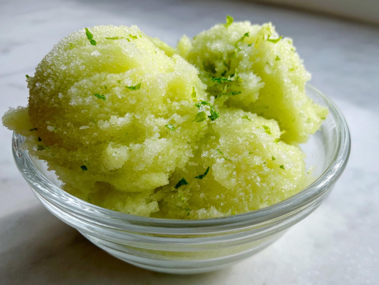 A close-up of a glass bowl filled with bright green, frosty lime sorbet, garnished with fresh lime zest.