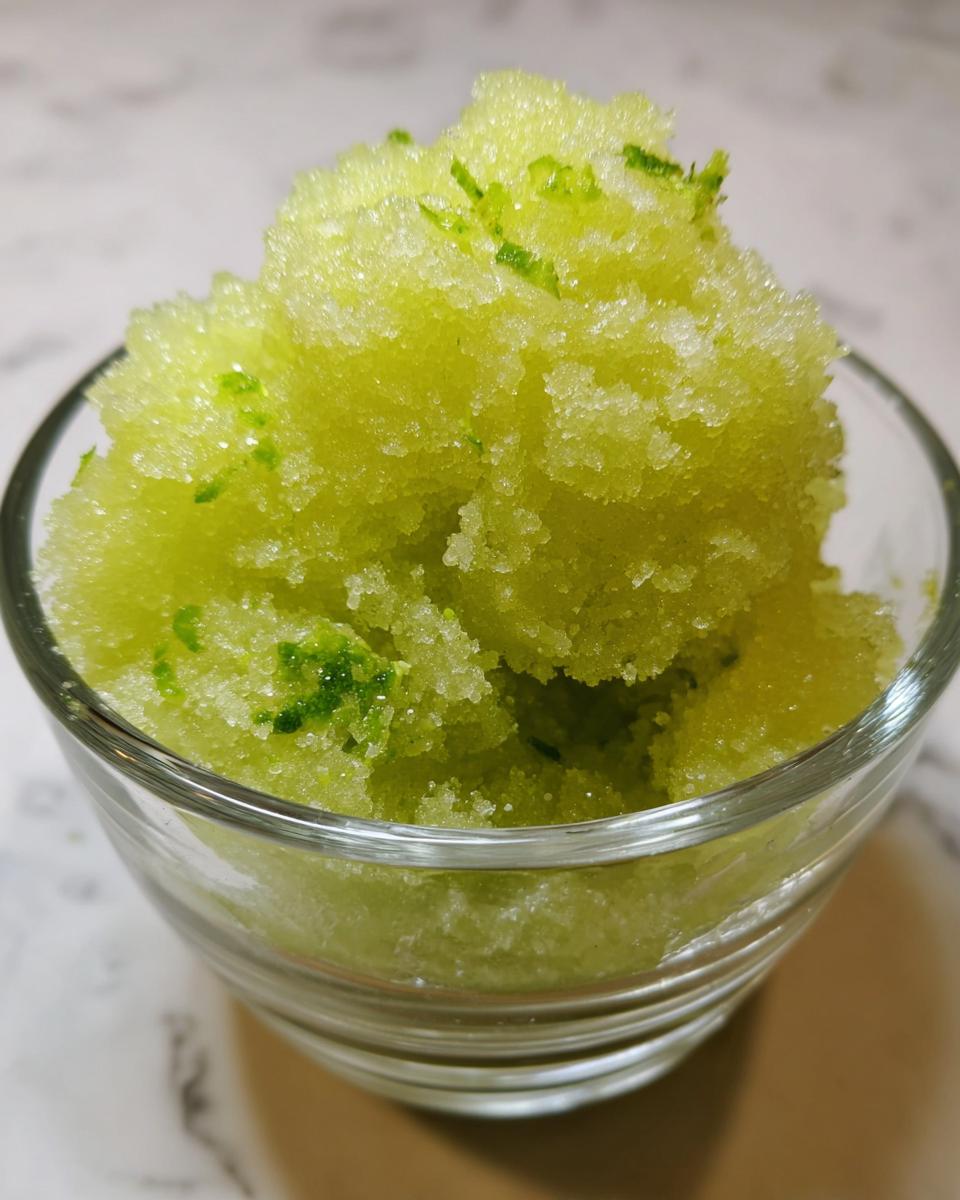 Close-up of a glass bowl filled with bright green lime sorbet, topped with fresh lime zest.