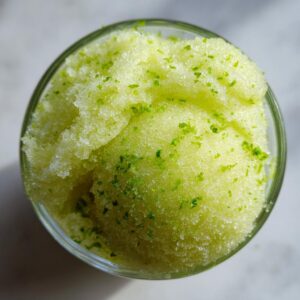 Close-up of a refreshing lime sorbet topped with fresh lime zest in a glass.