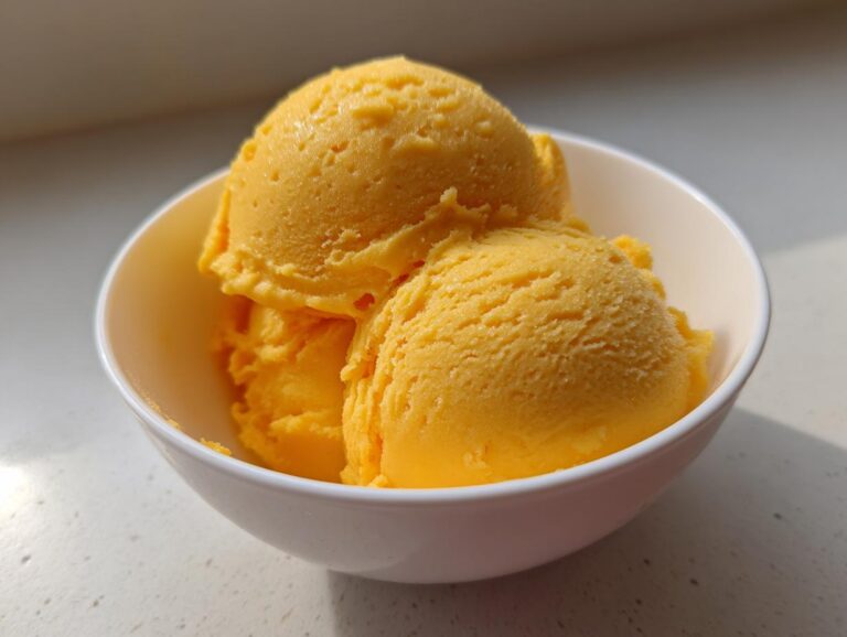 Three scoops of bright orange mango sorbet in a white bowl, perfect for a hot day.