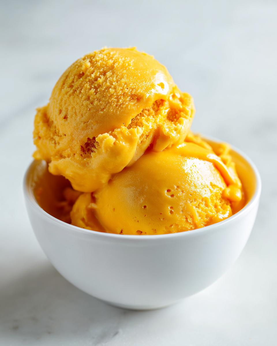 Close-up of two scoops of vibrant orange mango sorbet in a white bowl, perfect for beating the heat.