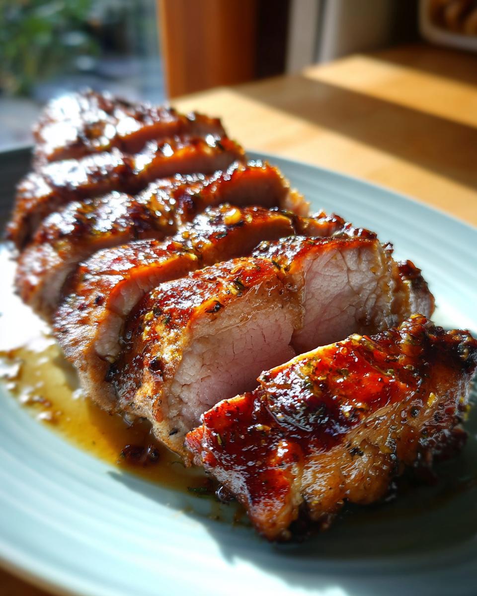 Close-up of a sliced maple mustard pork tenderloin, glistening with a rich glaze and herbs.