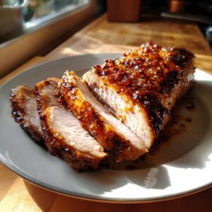 A close-up of sliced maple mustard pork tenderloin, glistening with a rich glaze and visible spices.