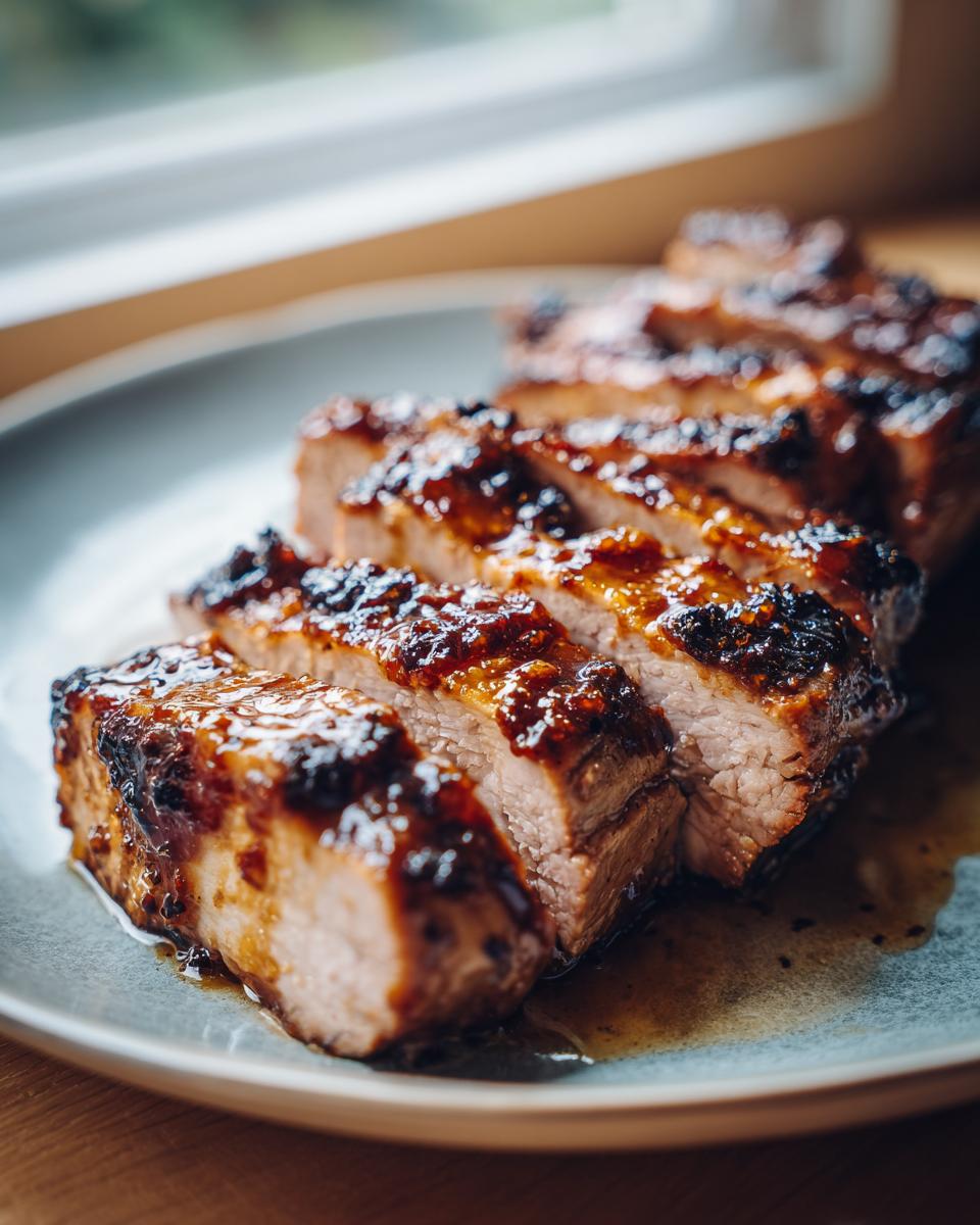 Close-up of sliced maple mustard pork tenderloin on a plate, glistening with glaze.
