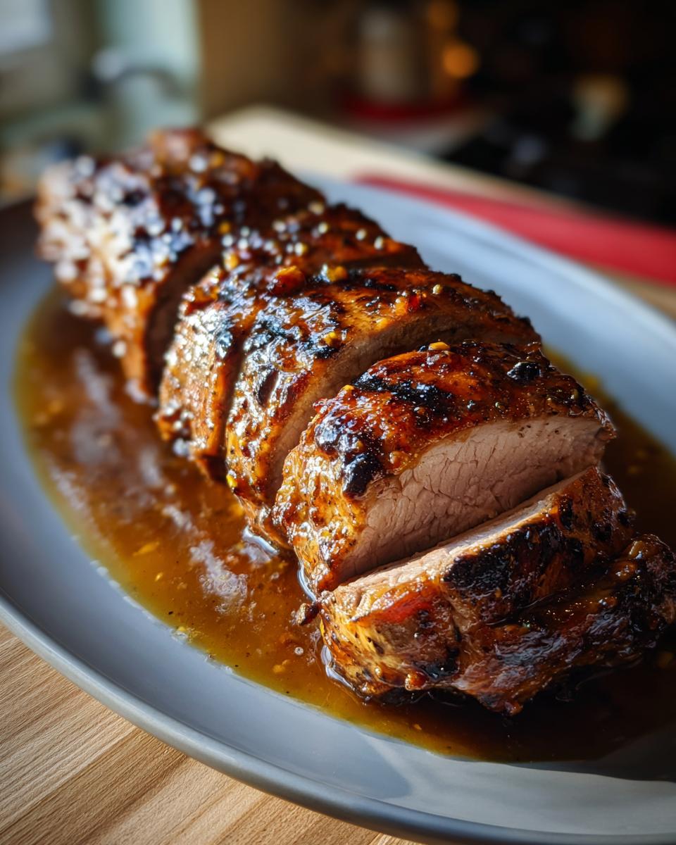 Close-up of sliced maple mustard pork tenderloin, glistening with a rich glaze and served in a savory sauce.