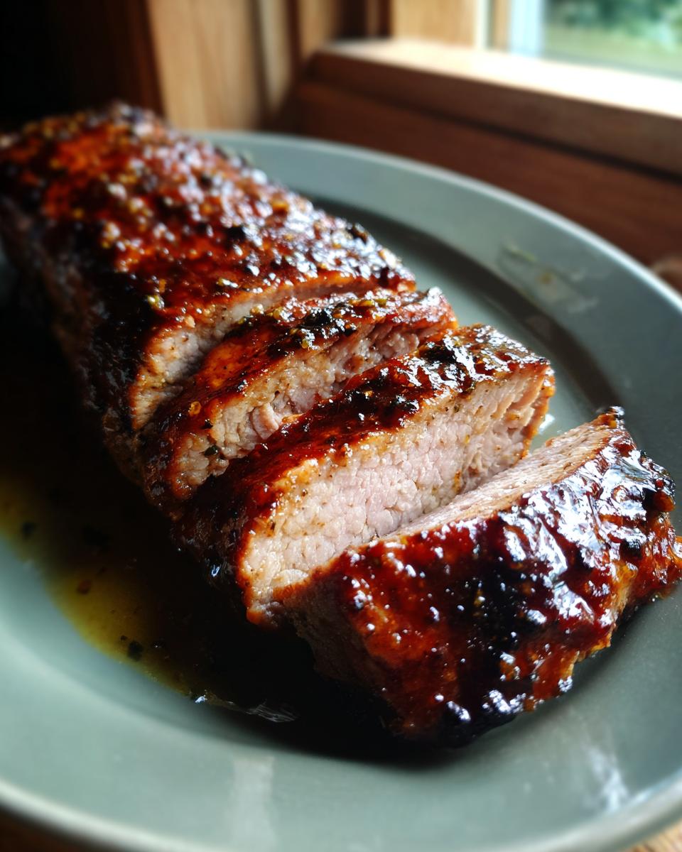 A close-up of sliced maple mustard pork tenderloin, glistening with a rich, dark glaze.