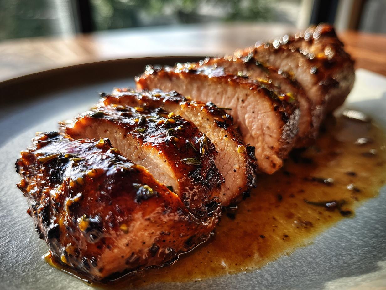 Close-up of sliced maple mustard pork tenderloin, glistening with glaze and herbs.