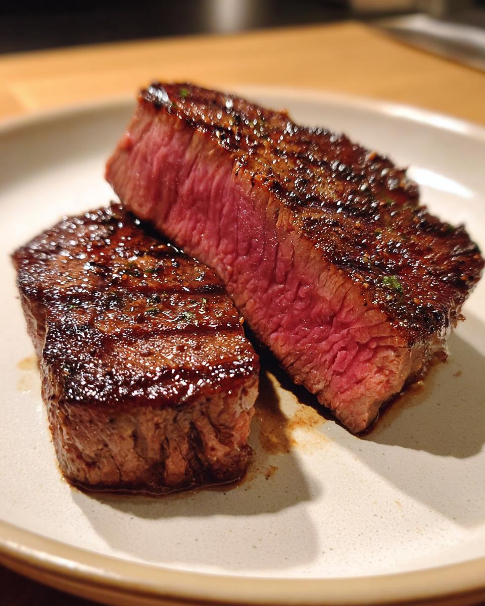 Close-up of two juicy tuna steaks, one sliced to reveal a perfect medium-rare center, showcasing the marinade's effect.