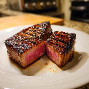 Close-up of a perfectly cooked tuna steak, cut in half to reveal a vibrant pink interior, seasoned with herbs.