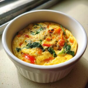 A close-up of a microwave egg and veggie breakfast bowl in a white ramekin, filled with scrambled eggs, spinach, and red peppers.