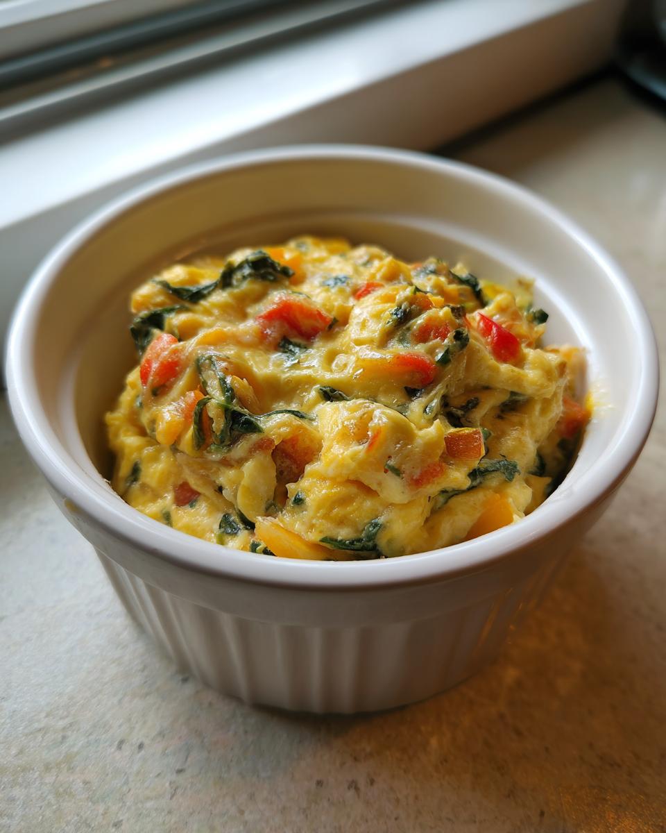 A close-up of a microwave egg and veggie breakfast bowl filled with scrambled eggs, spinach, and red bell peppers.