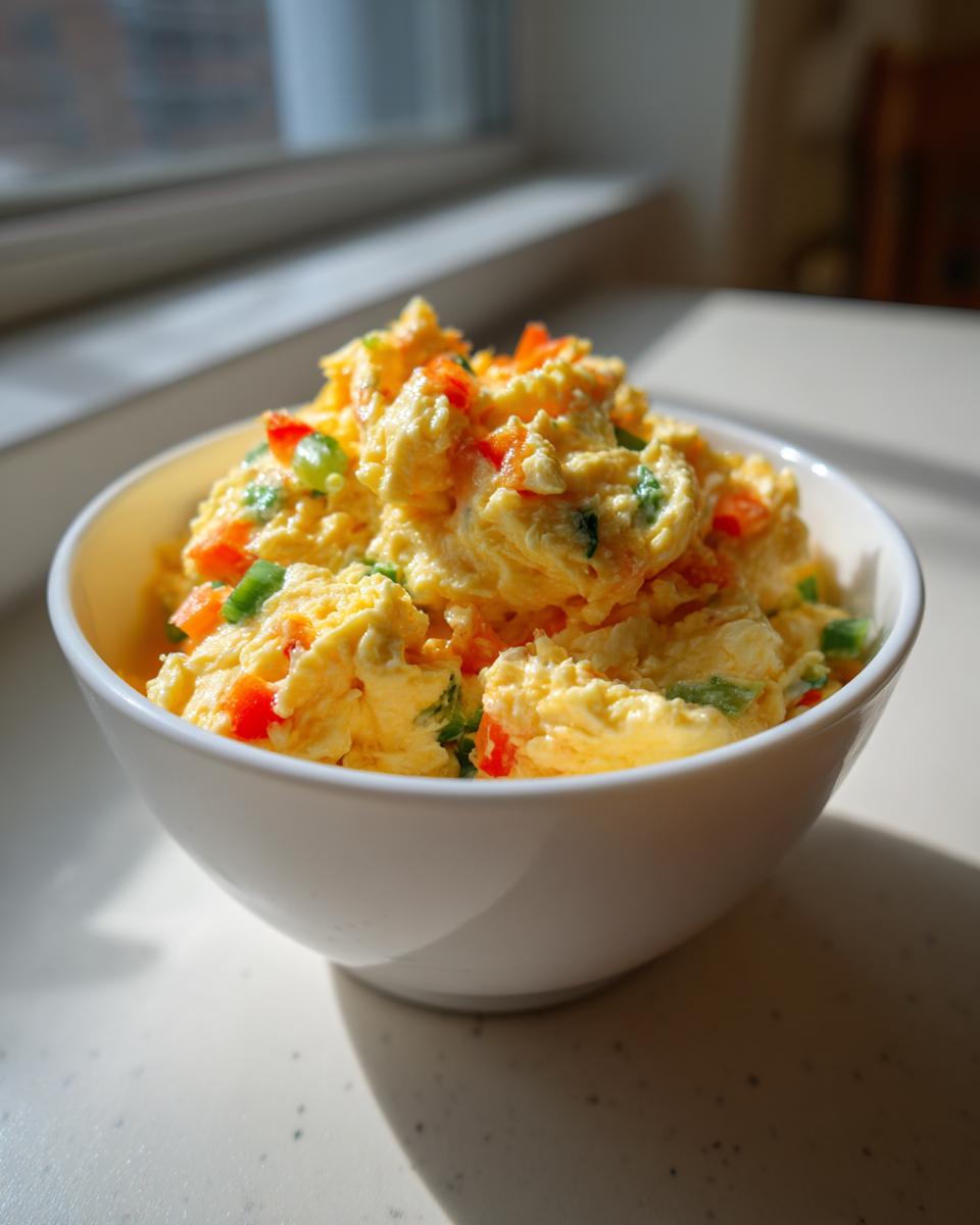 A white bowl filled with a fluffy microwave egg and veggie breakfast bowl, featuring scrambled eggs with diced red bell peppers and green onions.
