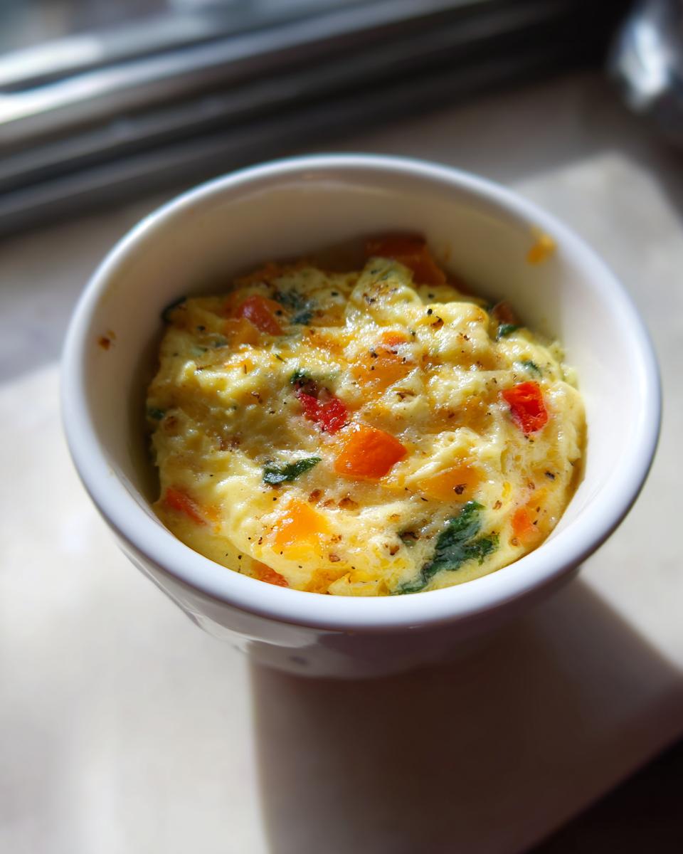 A close-up of a microwave egg and veggie breakfast bowl filled with scrambled eggs, diced red and orange bell peppers, and spinach.