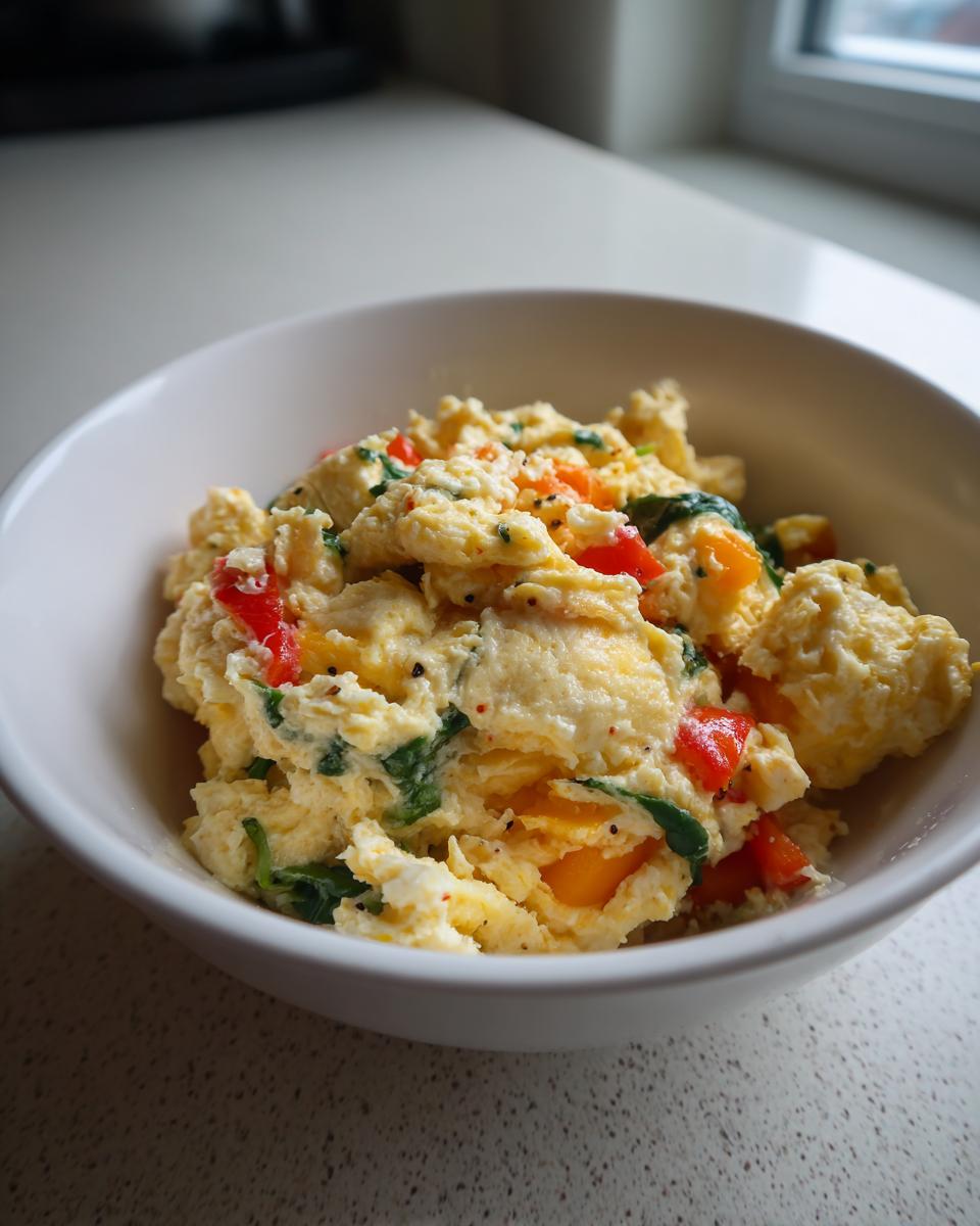 A close-up of a microwave egg and veggie breakfast bowl with scrambled eggs, spinach, and diced red and orange bell peppers.