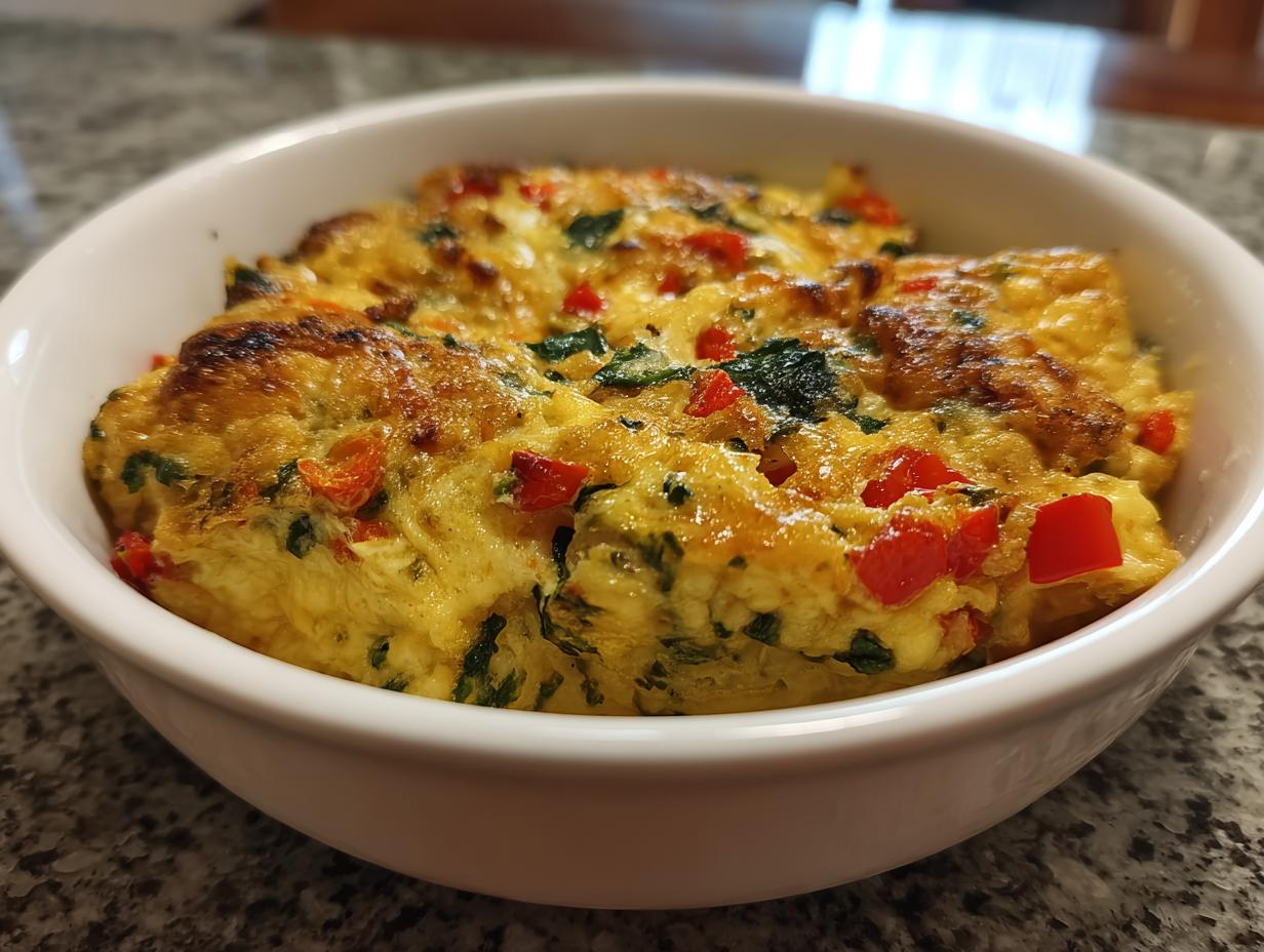 A close-up of a microwave egg and veggie breakfast bowl filled with fluffy eggs, red bell peppers, and spinach.