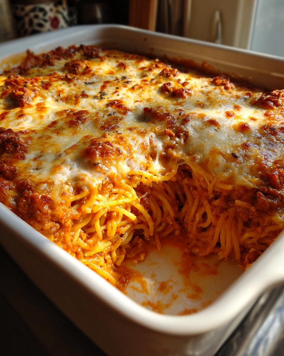 A close-up of a freshly baked Million Dollar Spaghetti Casserole in a white baking dish, with melted cheese and rich meat sauce.