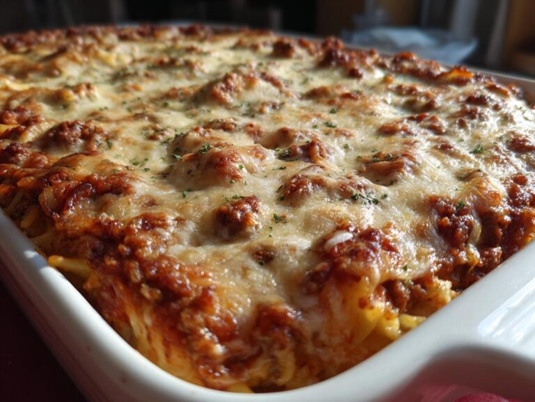 A close-up of a bubbling Million Dollar Spaghetti Casserole, generously topped with melted golden cheese and sprinkled with fresh parsley.
