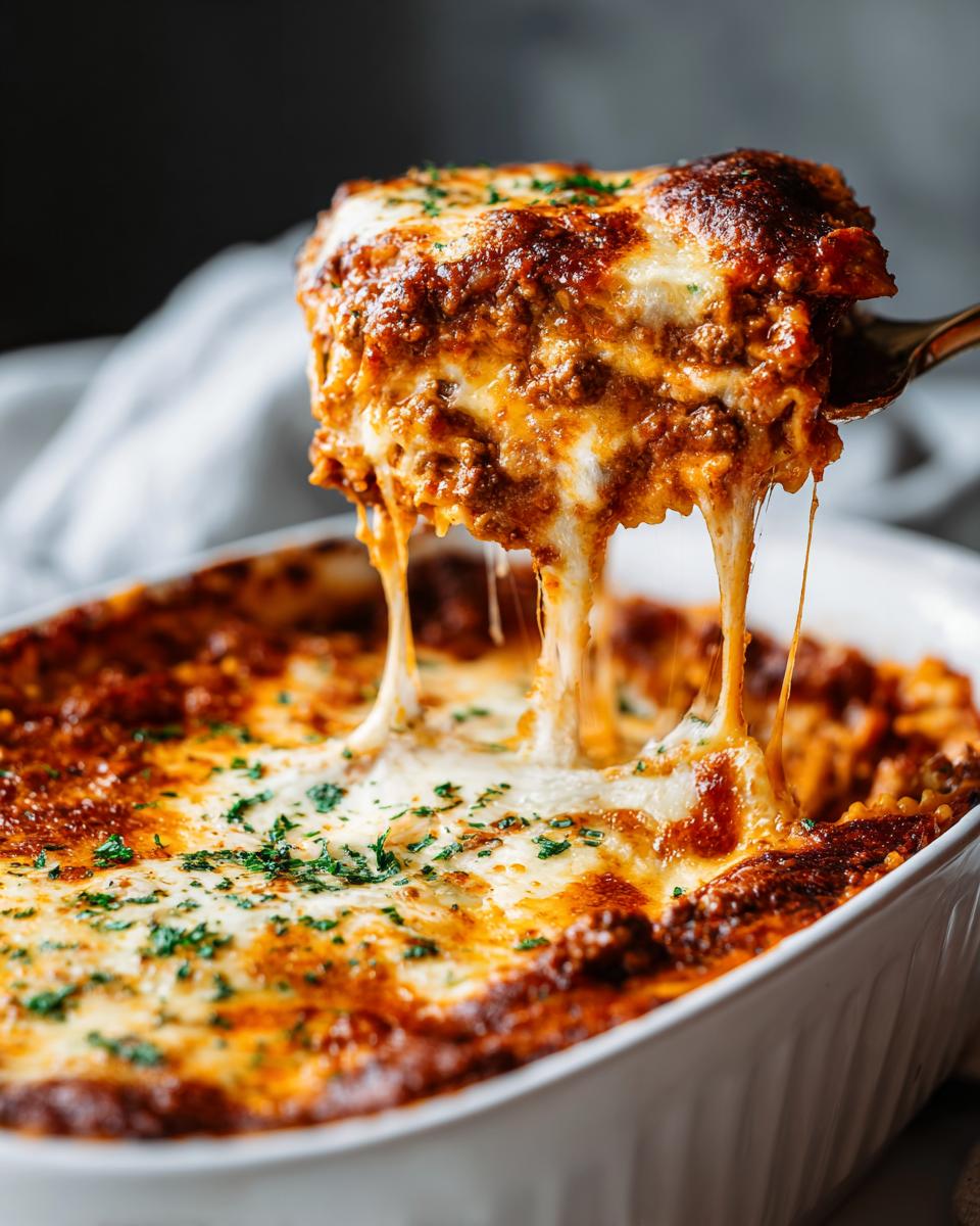 A serving spoon lifts a cheesy slice of Million Dollar Spaghetti Casserole, showing gooey melted cheese strands.