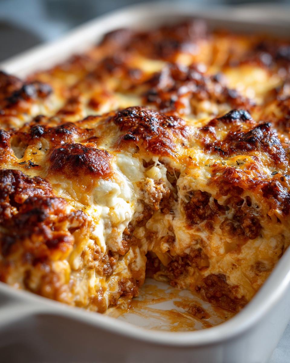 A close-up, angled view of a freshly baked Million Dollar Spaghetti Casserole with bubbly, golden-brown cheese.