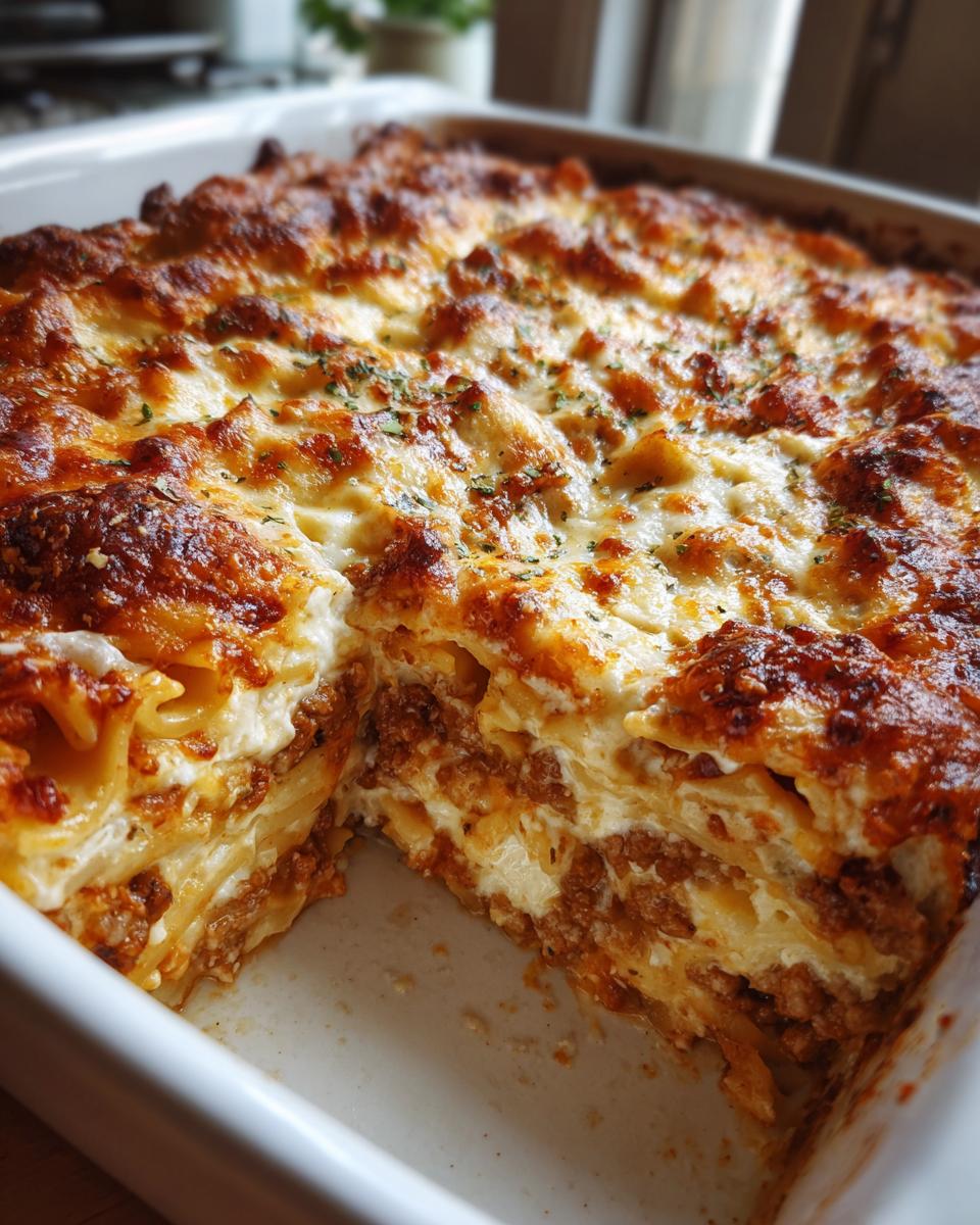 A slice of Million Dollar Spaghetti Casserole with layers of pasta, meat sauce, and creamy cheese, topped with golden-brown baked cheese and herbs.