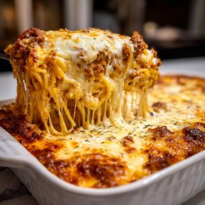 A serving spoon lifts a cheesy portion of Million Dollar Spaghetti Casserole, showing melted mozzarella strings.