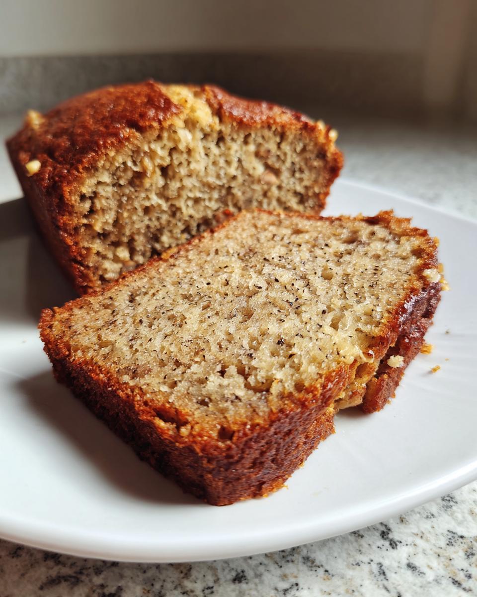 A close-up of a slice of moist banana zucchini bread on a white plate, showing the texture and golden-brown crust.