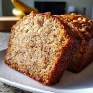 Close-up of two moist slices of banana zucchini bread with visible nuts on top.