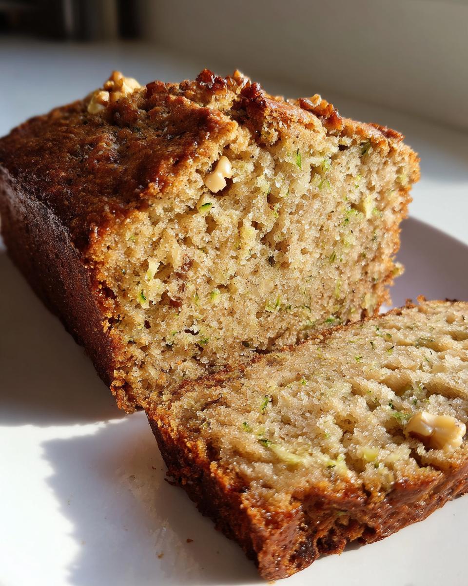 A close-up of a sliced loaf of moist banana zucchini bread, topped with walnuts.