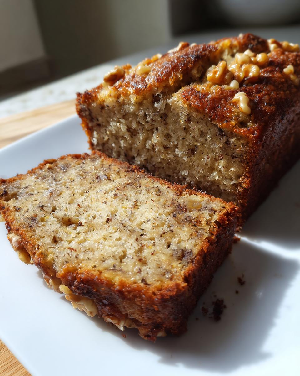 A slice of moist banana zucchini bread topped with walnuts, showing a tender crumb.