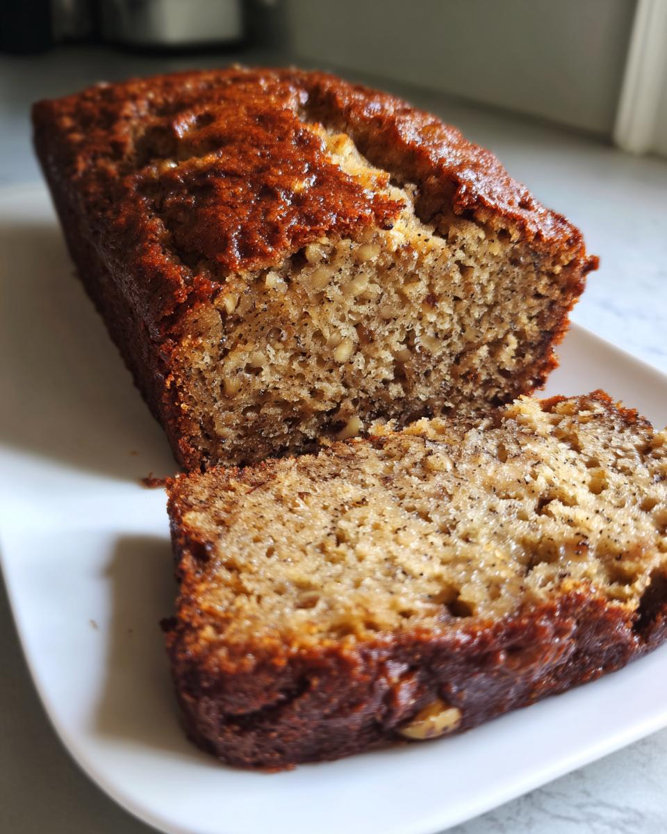 A close-up of a moist banana zucchini bread loaf with a slice cut and placed in front, showing texture and nuts.