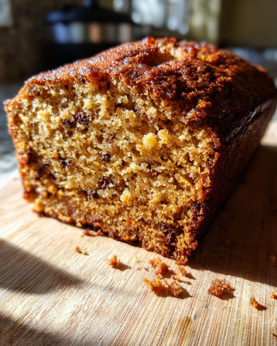 A close-up of a slice of moist zucchini bread with chocolate chips on a wooden cutting board.