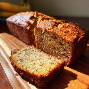 A close-up of a slice of moist zucchini bread on a wooden cutting board, with a loaf in the background.